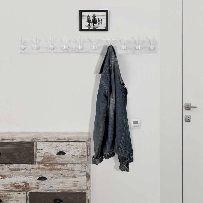 WEBI Coat Rack Wall Mount,10 Hooks,38 9/16" Long Coat Hooks Wall Mounted Large,16" Hole to Hole,Wood Coat Hanger Wall,Hooks for Hanging Coats,Jacket,Clothes,Hats,White - Image 2